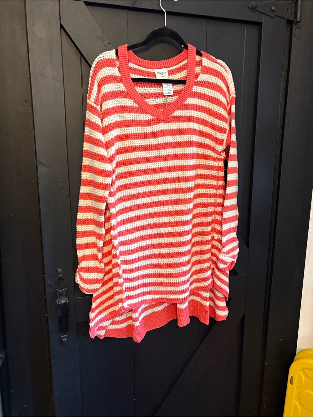 Hayden Coral and White Striped V-Neck Sweater